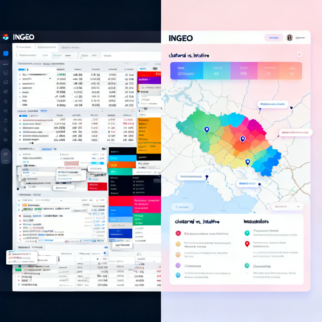 A split-screen comparison: left side shows a cluttered dashboard with raw numbers and uncategorized data streams, right side shows a clean, intuitive map with color-coded metrics and actionable insights, representing InsGEO's advantage