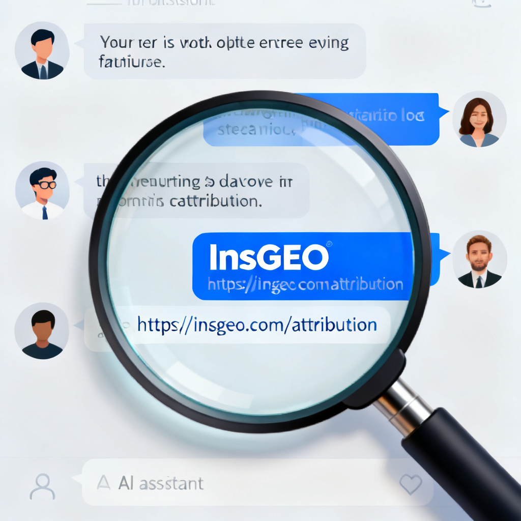 A magnifying glass zooming into a conversation log between a user and an AI assistant, highlighting a brand name and its source link, representing InsGEO's conversation attribution feature