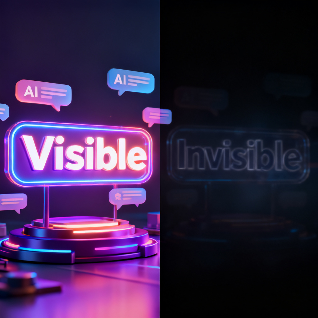 A split-screen image showing two brand logos. On the left, a vibrant, glowing logo with 'Visible' text, surrounded by AI dialog bubbles. On the right, a faded, transparent logo with 'Invisible' text, fading into a dark void. Style: 3D render, cinematic lighting, high contrast.