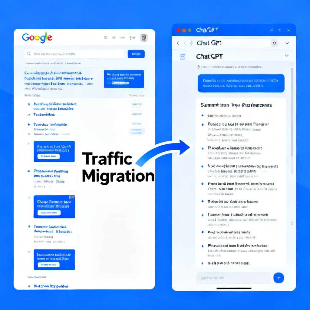 A split-screen comparison: left side shows a traditional Google SERP with blue links and ads; right side shows a ChatGPT conversation window with a summarized list of product recommendations. A flowing arrow from left to right is labeled "Traffic Migration"