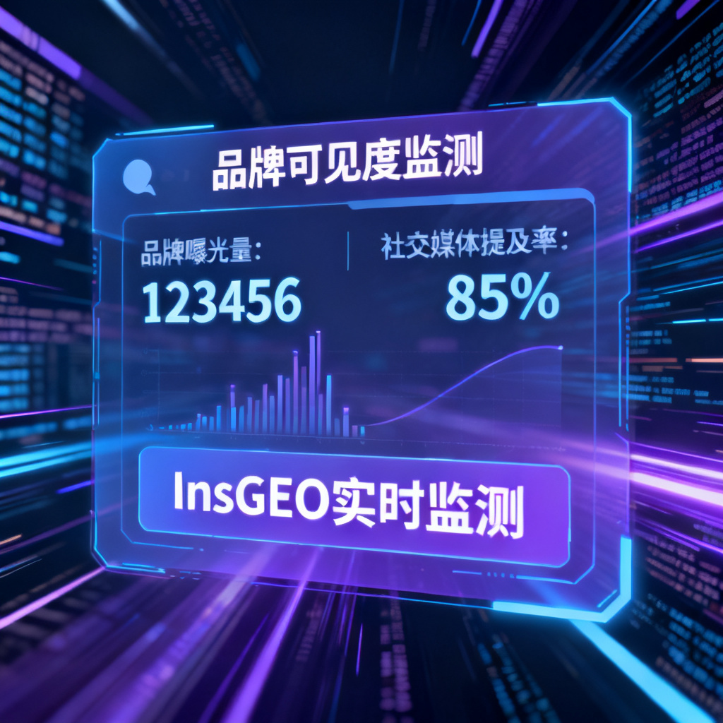 一个虚拟的AI对话界面，显示品牌可见度监测数据，背景为动态数据流，突出InsGEO的实时监测能力