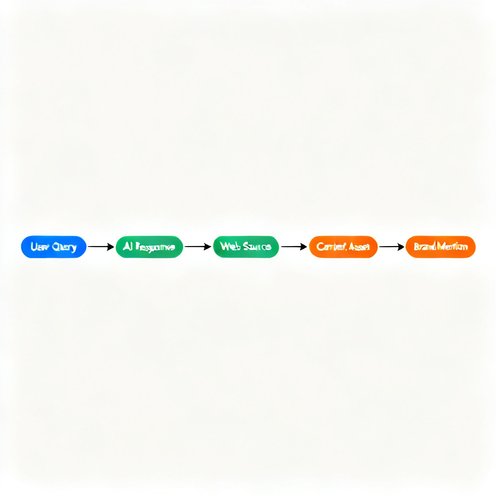 A dashboard interface showing a timeline of AI conversation prompts, with arrows tracing back to specific web sources and content assets, highlighting the path from user query to brand mention