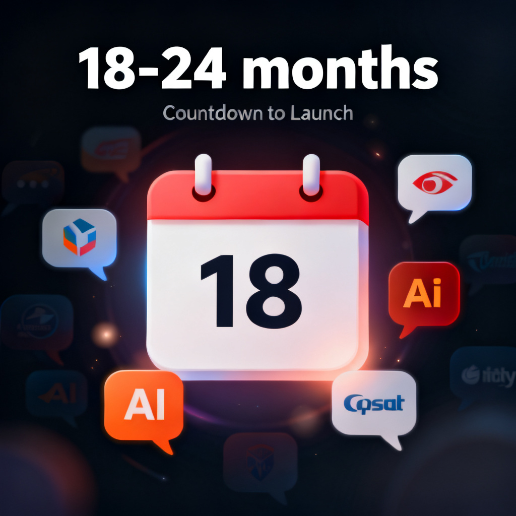 Calendar icon with 18-24 month countdown, surrounded by brand logos fading into AI chat bubbles, urgent tone, dark background with glowing effects