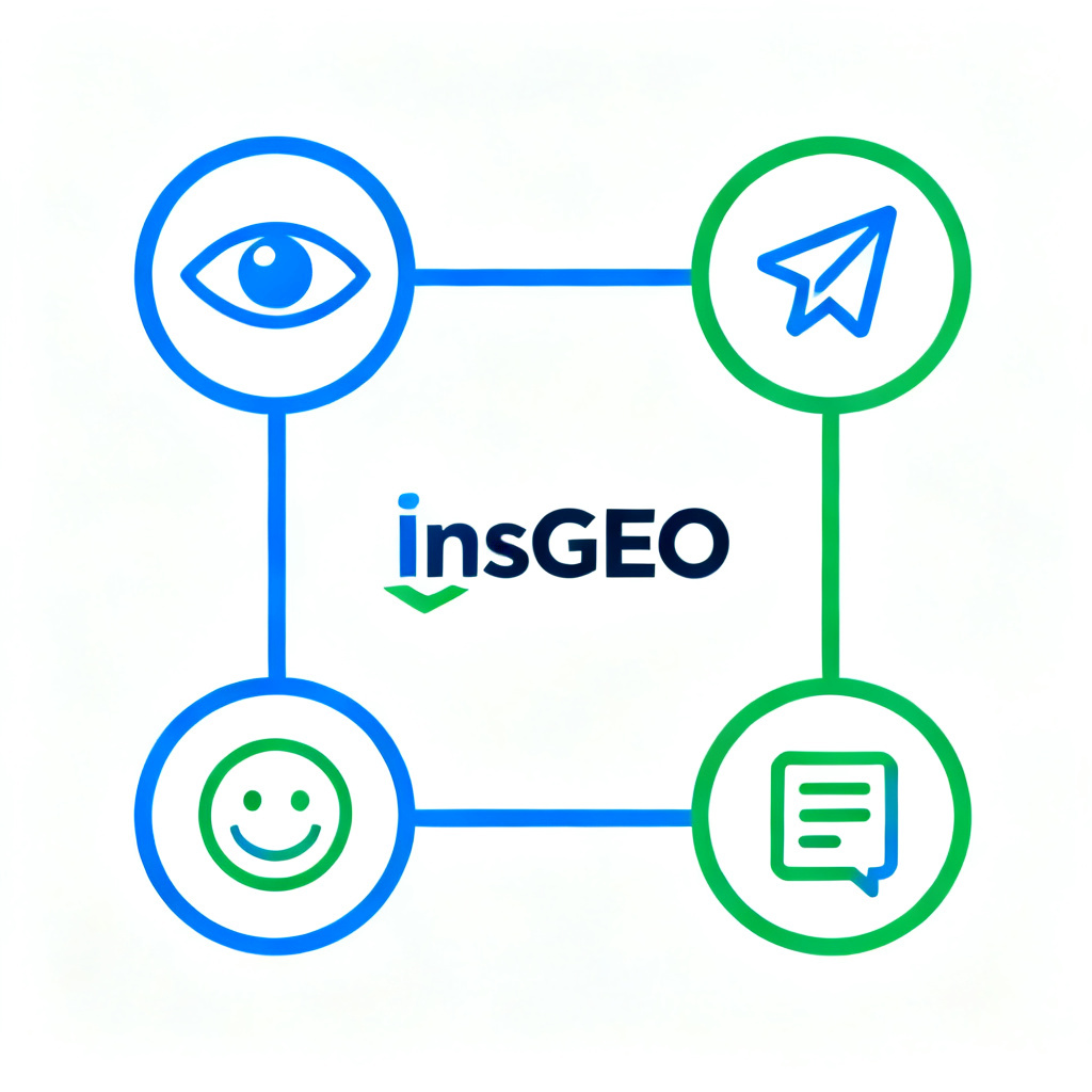 Four interconnected icons representing Visibility (eye), Position (arrow), Sentiment (smiley), Citations (link), connected to a central InsGEO logo, minimalist infographic style, blue and green color scheme