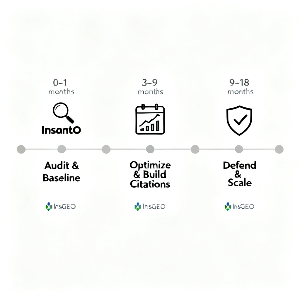 A timeline graphic showing three phases over 18 months. Phase 1 (0-3 months) has an icon of a magnifying glass over a brand name, labeled "Audit & Baseline". Phase 2 (3-9 months) shows a content calendar and a rising chart, labeled "Optimize & Build Citations". Phase 3 (9-18 months) shows a shield icon with a checkmark, labeled "Defend & Scale". Each phase has a small InsGEO logo at the bottom. Background is a clean white with light gray timeline dots. Style: minimalist project management chart with clear milestones.