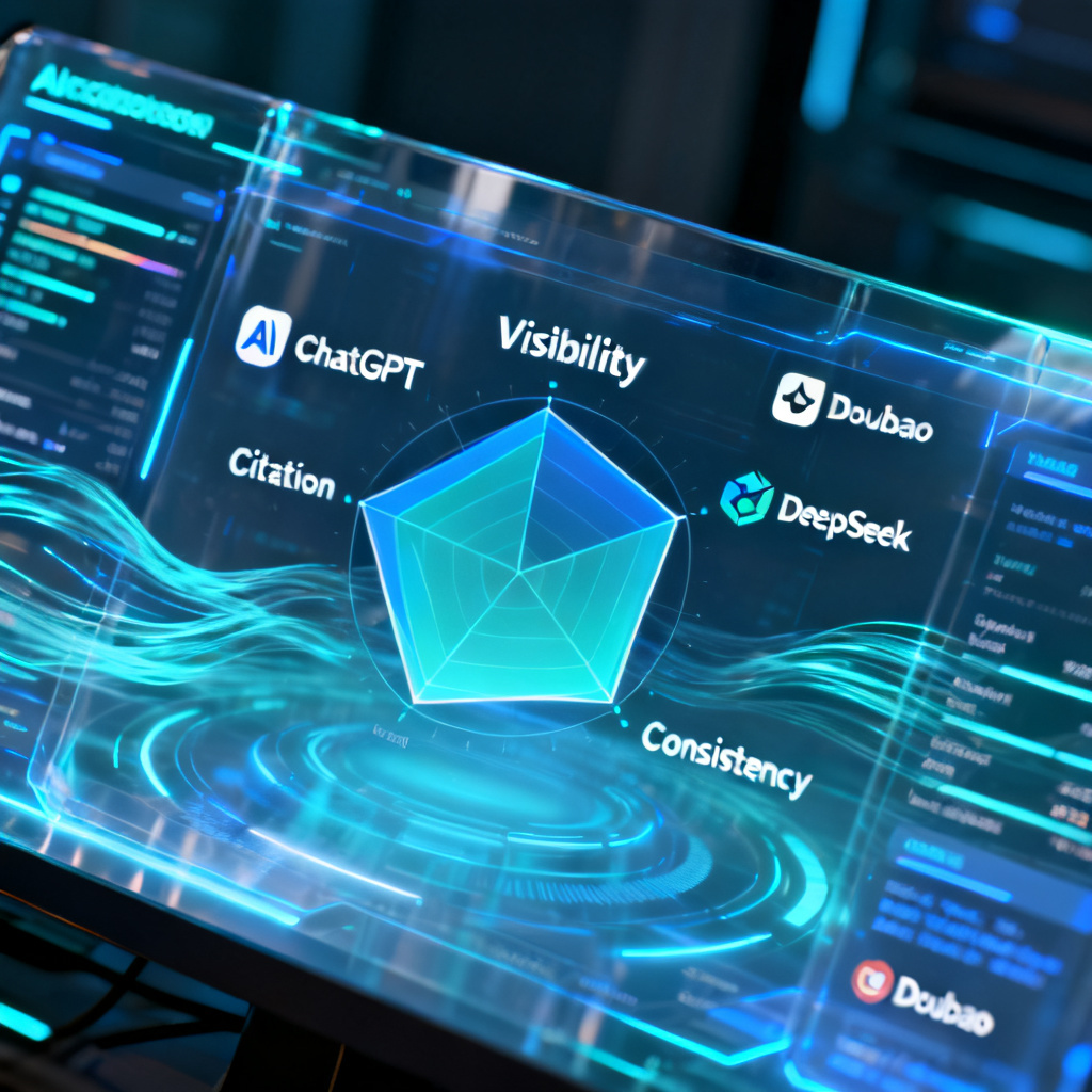 A futuristic dashboard interface displaying real-time AI brand perception metrics, with multiple AI model logos (ChatGPT, DeepSeek, Doubao) and a central radar chart showing visibility, citation, and consistency scores. Data streams flow through a transparent holographic display.