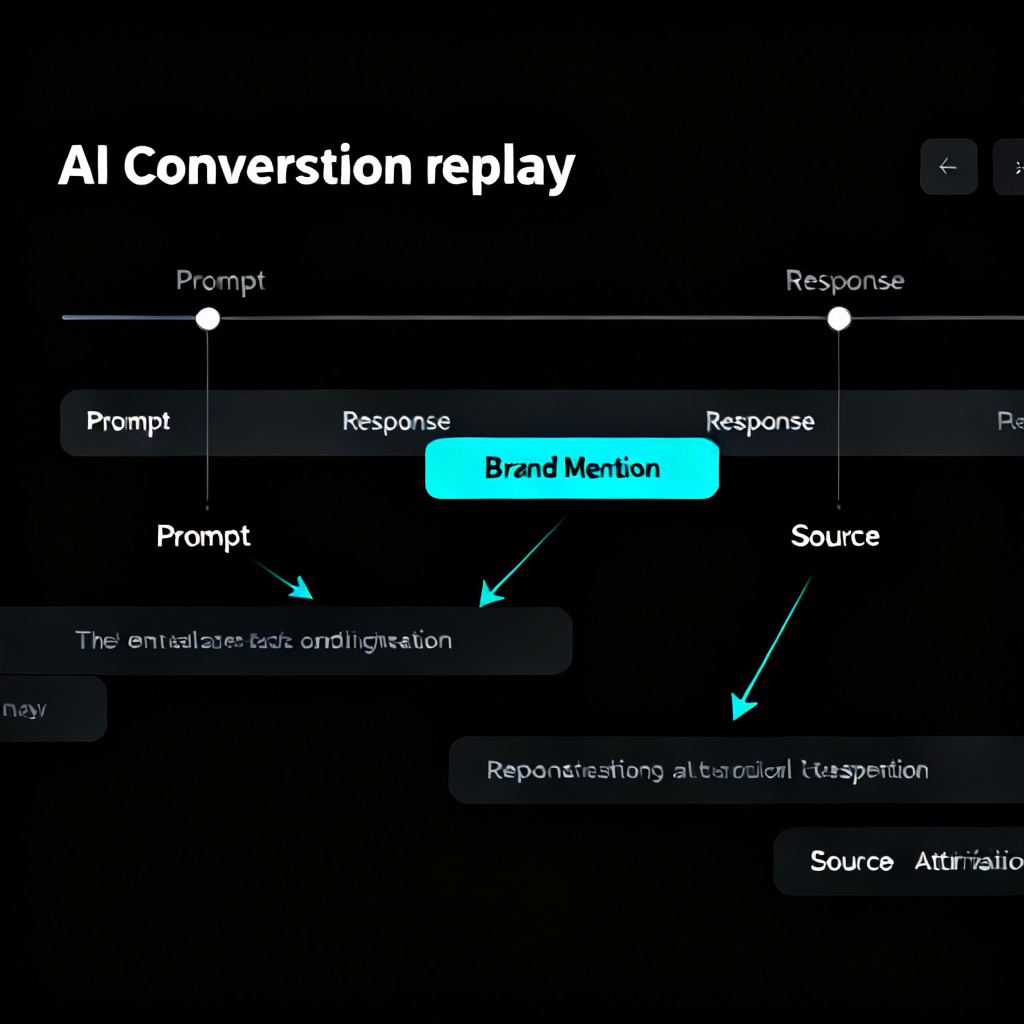 A detailed analytics dashboard showing AI conversation replay, with a timeline of prompts and responses, brand mention highlighting, and source attribution arrows, in a dark theme professional UI