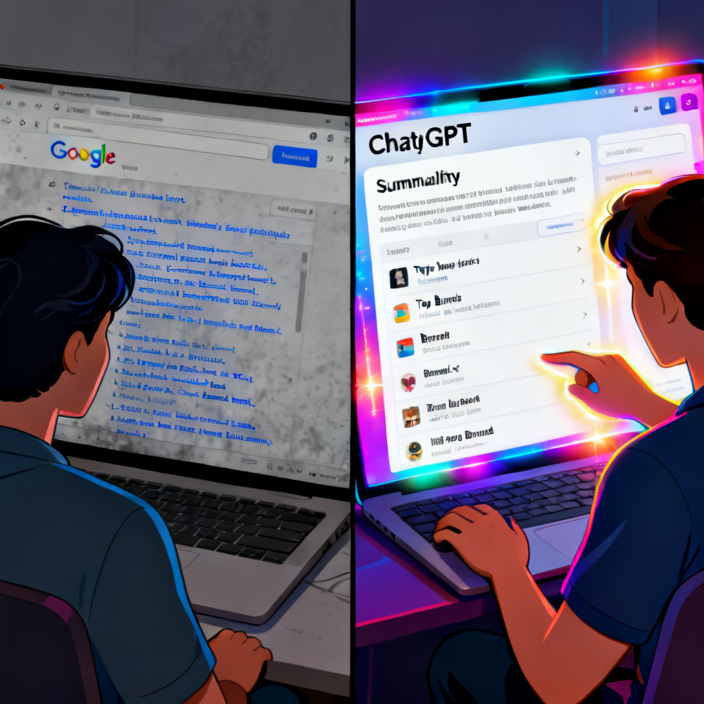 A split-screen illustration showing a user on the left side staring at a traditional Google search results page with blue links, while on the right side the same user is interacting with a ChatGPT interface that displays a summarized list of top brands. The left side has faded, greyed-out colors indicating obsolescence, while the right side is vibrant and glowing.