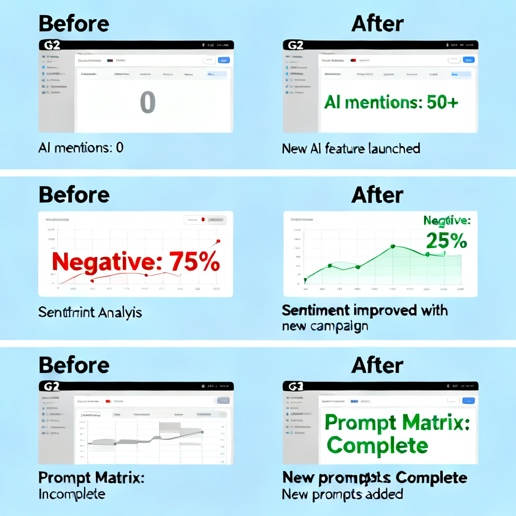 A three-panel illustration showing the before and after scenarios for each case study: SaaS startup with G2 reviews but zero AI mentions, consumer brand with red sentiment alert, cross-border service provider with Prompt Matrix dashboard