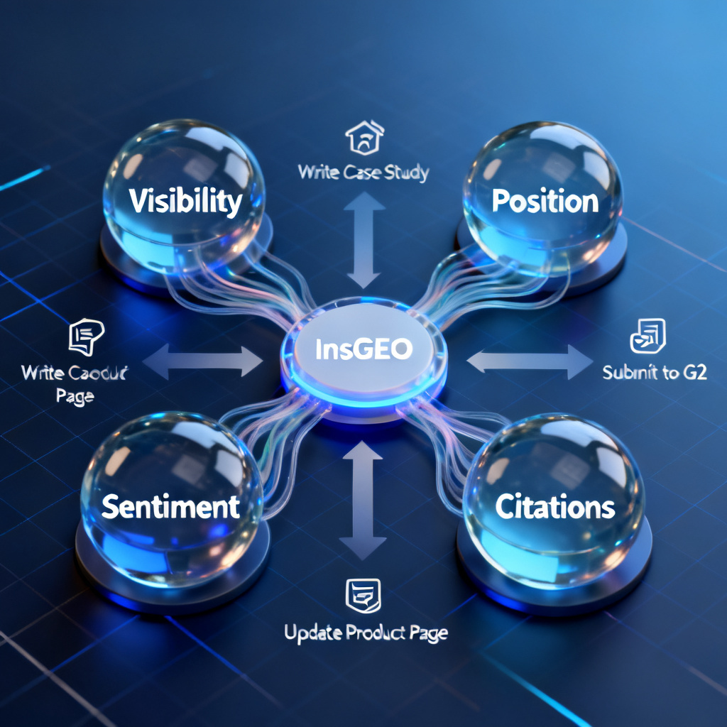 A 3D infographic showing four interconnected spheres labeled Visibility, Position, Sentiment, and Citations. Each sphere has flowing data streams connecting to a central hub labeled InsGEO. The hub radiates outward arrows pointing to action icons like "Write Case Study", "Submit to G2", "Update Product Page". Background is a dark blue gradient with subtle grid lines. Style: futuristic data visualization with glass-like materials and soft glow effects.