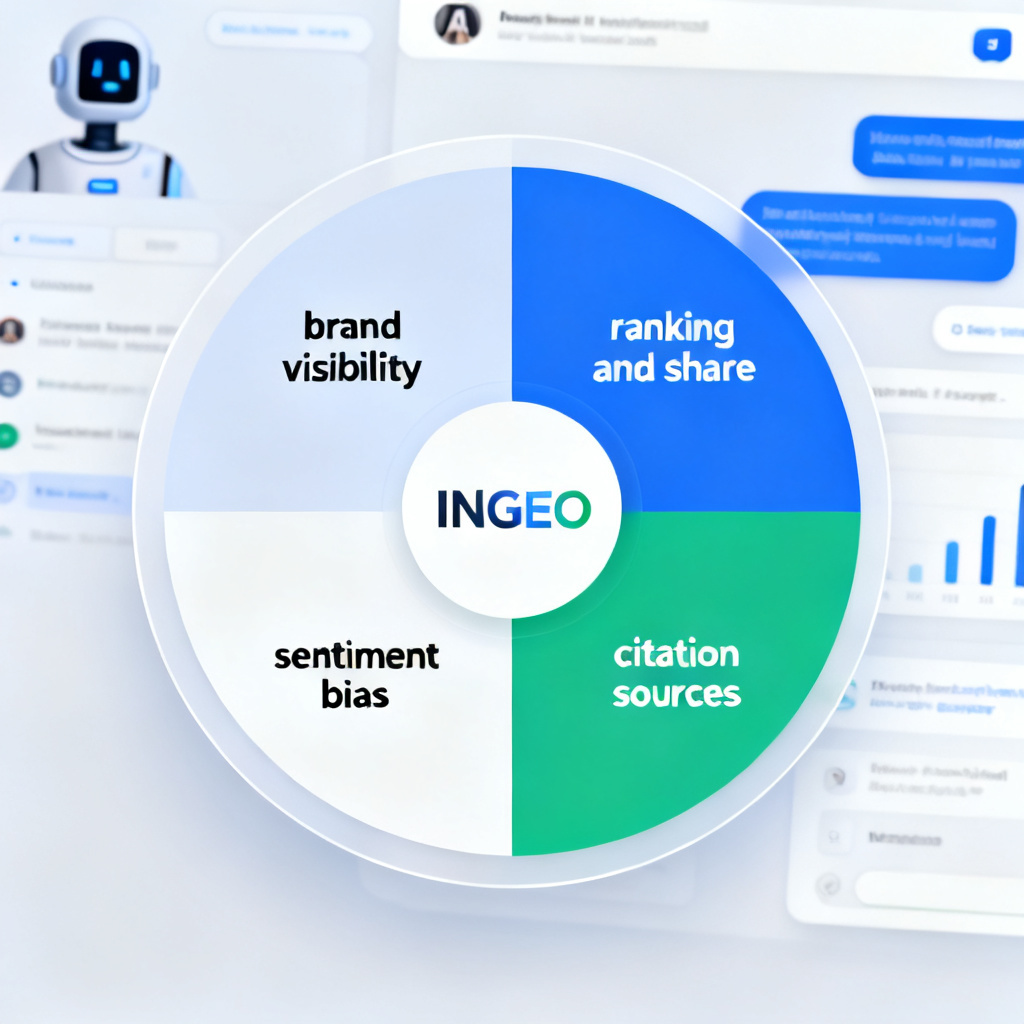 A circular dashboard with four quadrants labeled 'brand visibility', 'ranking and share', 'sentiment bias', 'citation sources', with InsGEO logo in center, AI chat interface in background