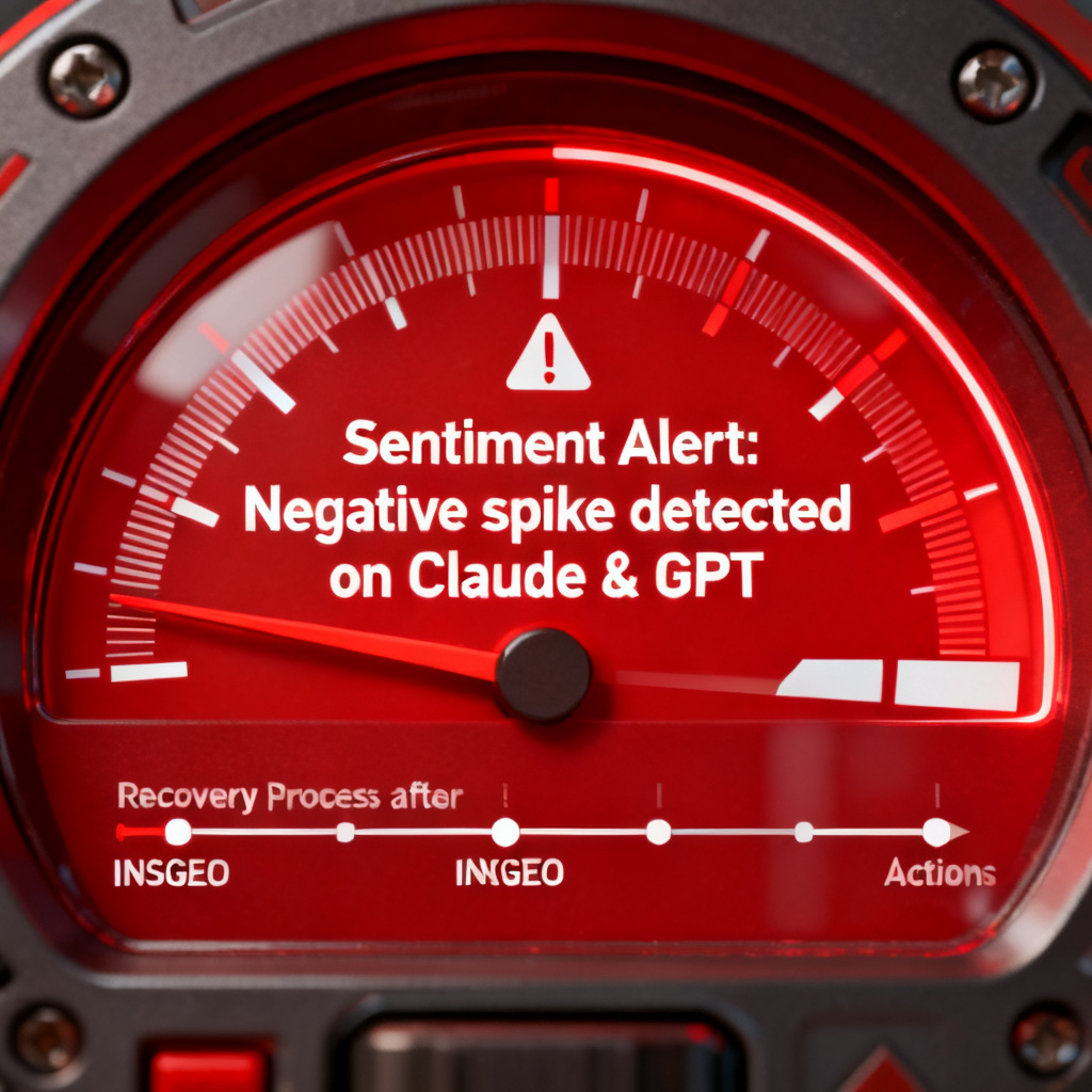 A close-up of a red warning gauge with text 'Sentiment Alert: Negative spike detected on Claude & GPT'. Below is a timeline showing recovery after InsGEO actions.