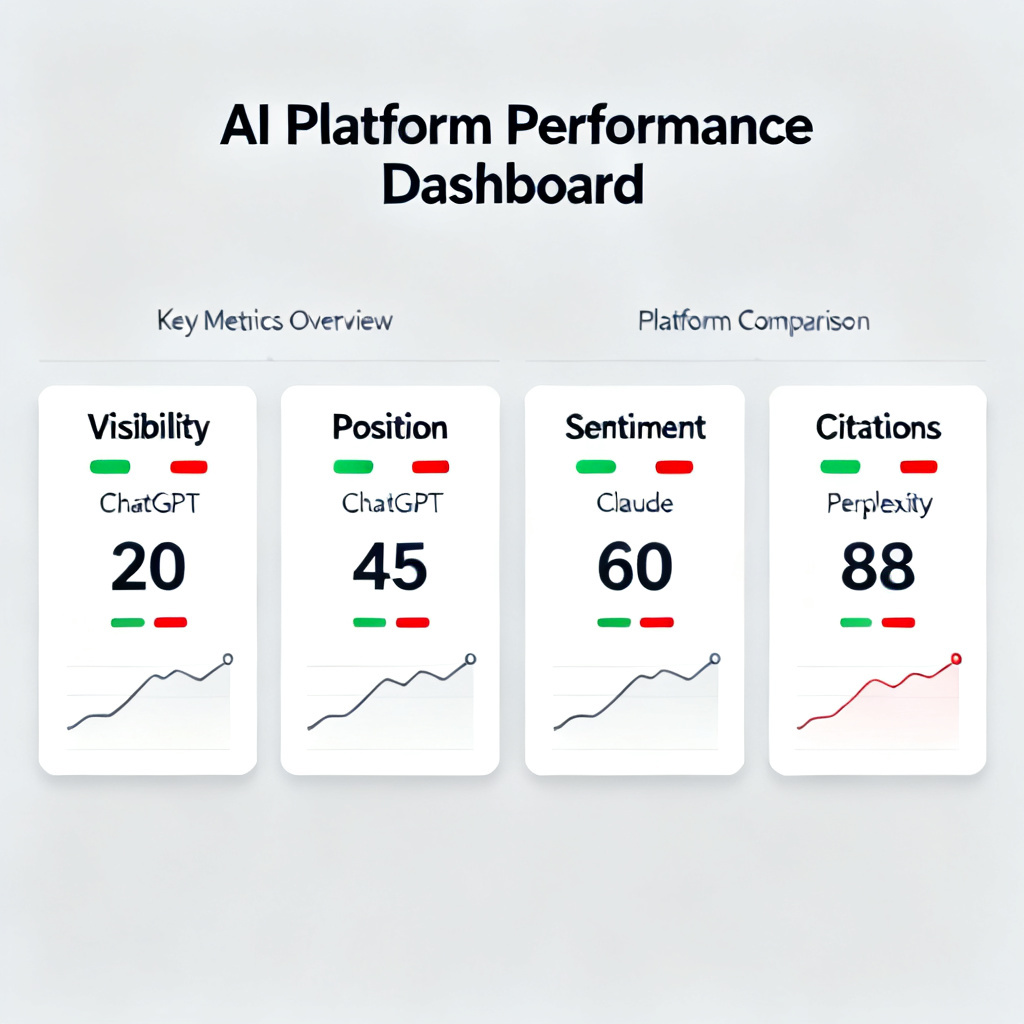 A detailed dashboard interface showing four key metrics: Visibility, Position, Sentiment, and Citations for multiple AI platforms including ChatGPT, Claude, and Perplexity. The design is clean, professional, with green/red indicators and trend lines.