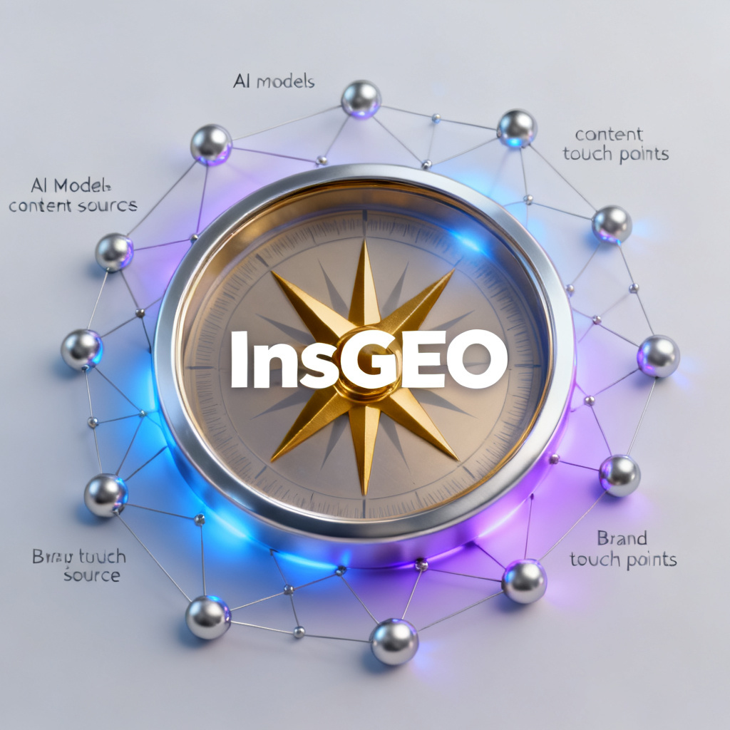 A glowing compass rose with the letters 'InsGEO' at the center, surrounded by interconnected dots representing AI models, content sources, and brand touchpoints, symbolizing guidance and control in the AI era