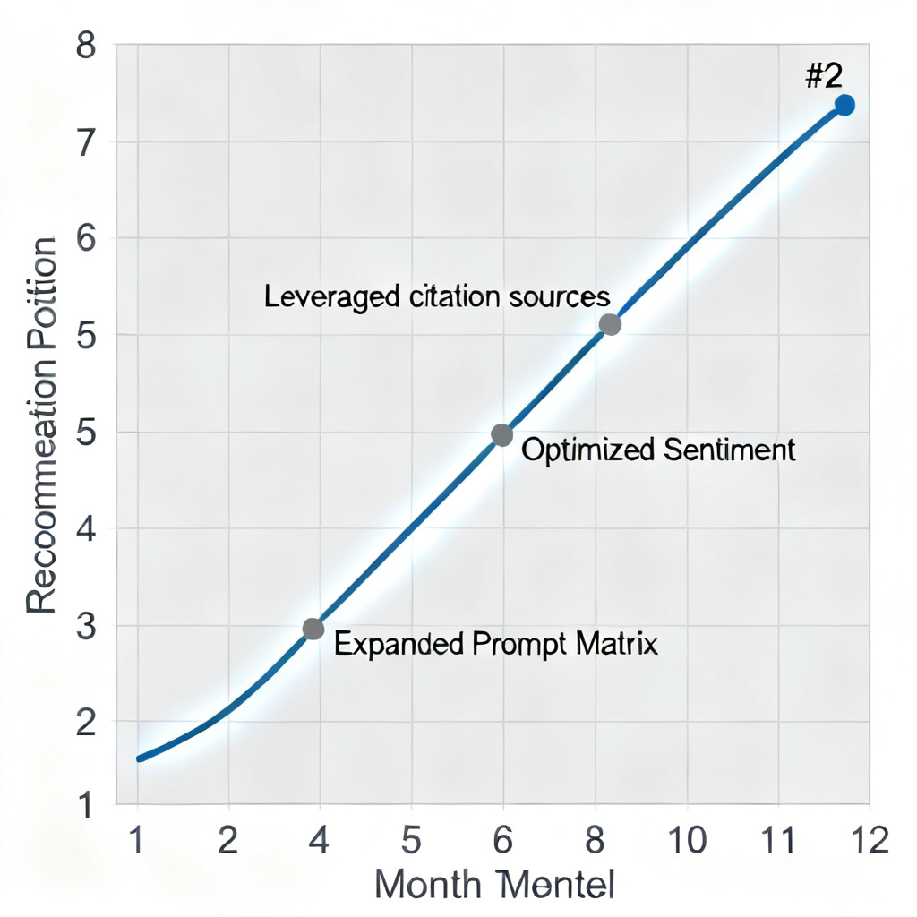 A timeline chart showing a brand's rise in AI recommendation positions over a 12-month period. Starting from a low position (e.g., #8) in month 1, climbing steadily to reach the #2 position by month 12. The timeline is overlaid with key intervention points (e.g., "Leveraged citation sources", "Optimized Sentiment", "Expanded Prompt Matrix"). The chart has a clean, professional look with a subtle glow effect around the brand's ascending line.