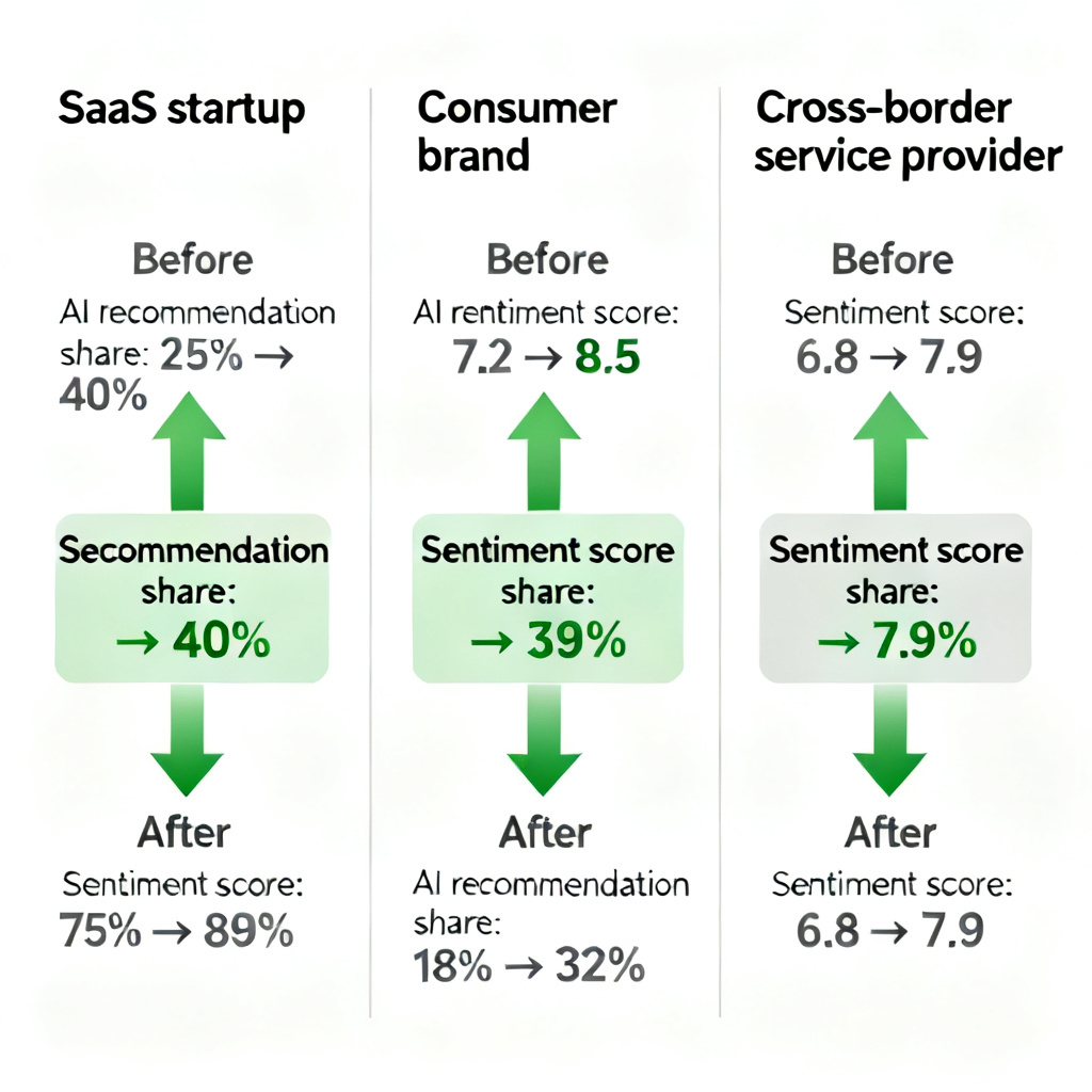 A comparison chart with three columns for SaaS startup, Consumer brand, and Cross-border service provider, showing before/after data with green arrows indicating improvements in AI recommendation share and sentiment scores