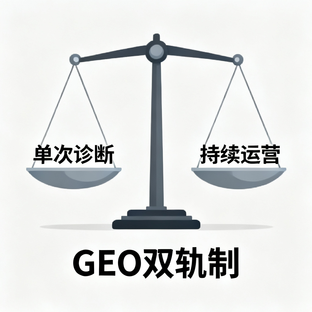 一个天平,左边是“单次诊断”,右边是“持续运营”,天平平衡,下方文字“GEO双轨制”