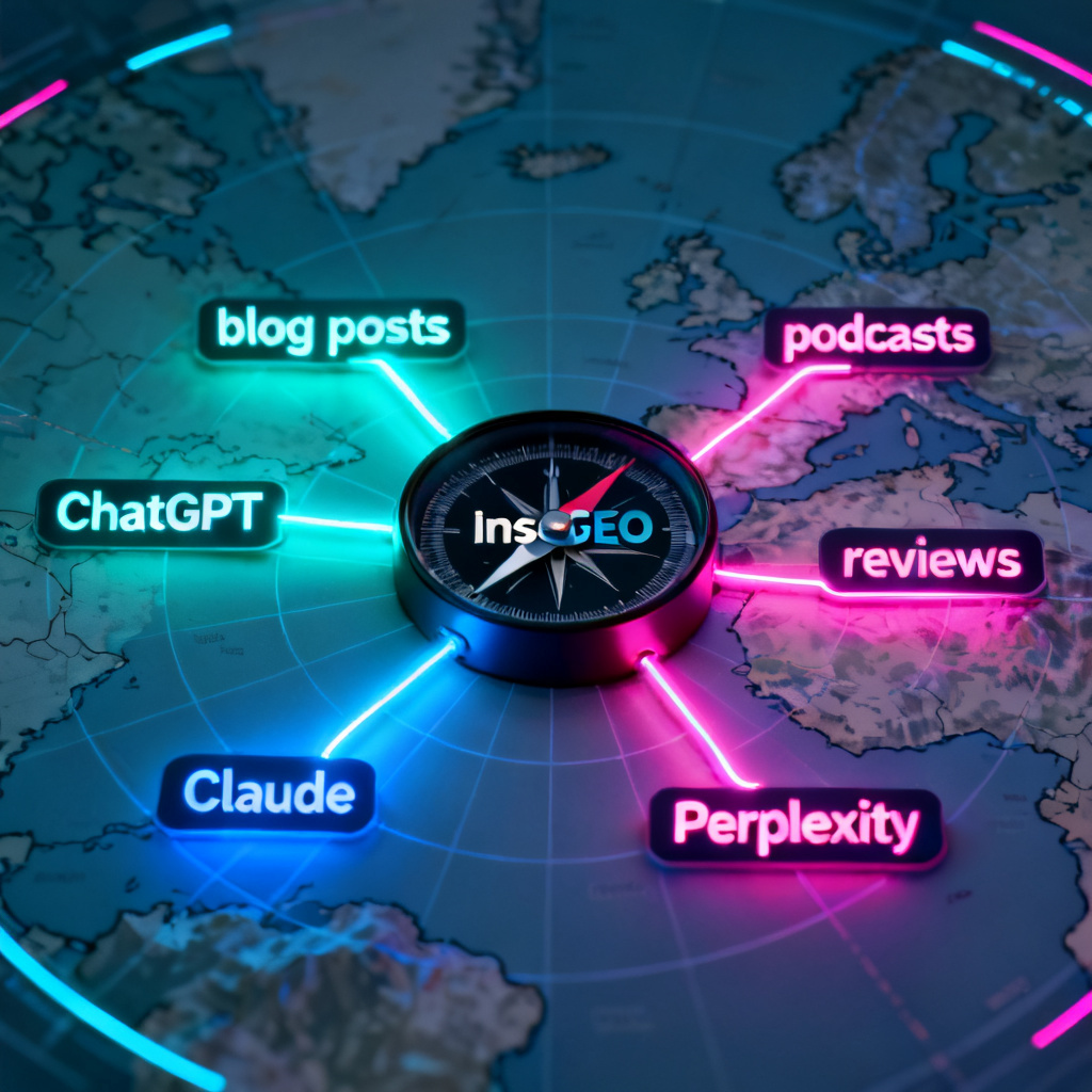 A stylized map with glowing paths connecting brand assets (blog posts, reviews, podcasts) to AI platforms (ChatGPT, Claude, Perplexity), with InsGEO as the central compass