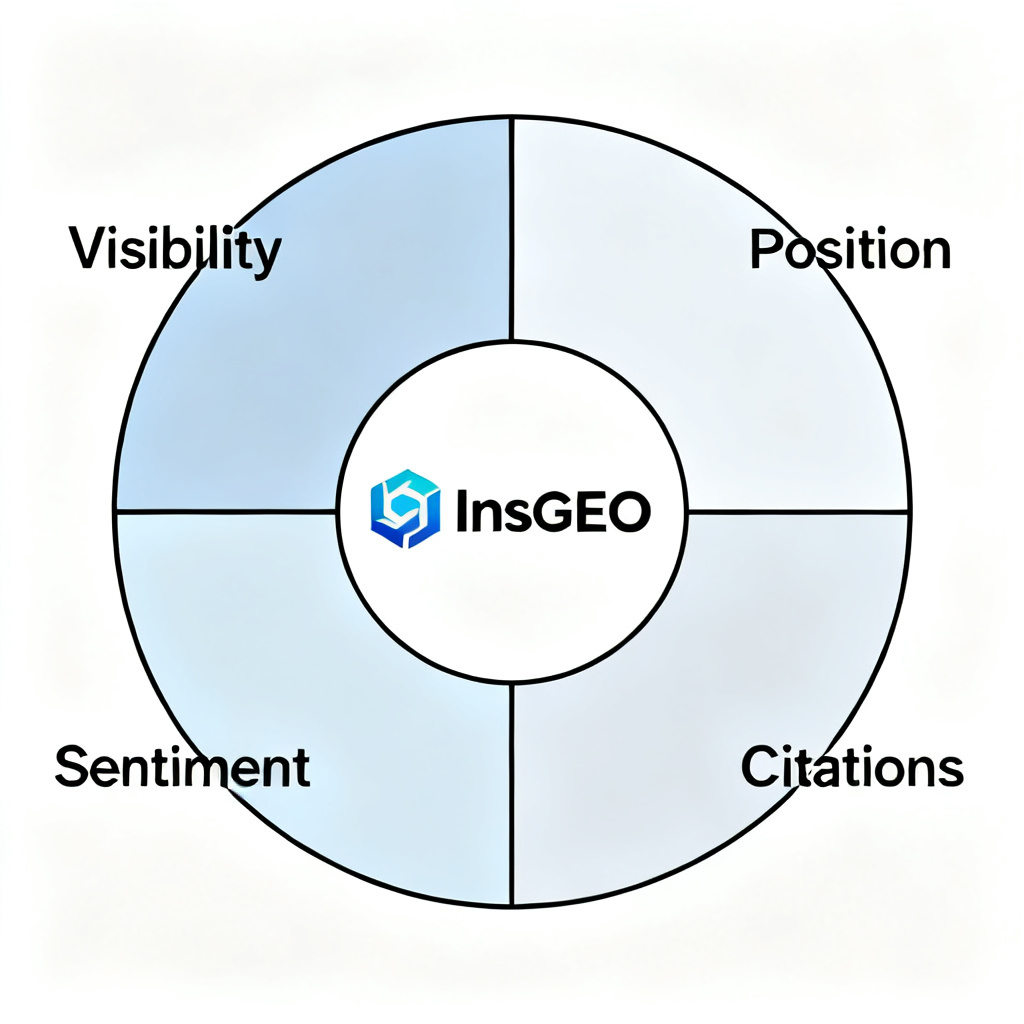 圆形饼图分割成四个象限，分别标注Visibility, Position, Sentiment, Citations，中心为InsGEO标志，风格现代扁平化