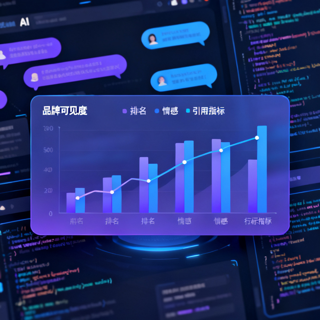一个数据仪表盘显示品牌可见度、排名、情感和引用指标，背景是AI对话界面