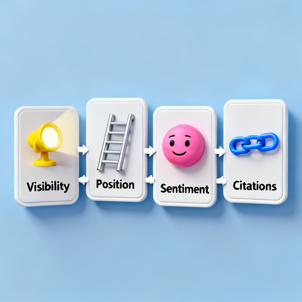 A 3D infographic illustrating the four dimensions of InsGEO's brand visibility framework: Visibility (spotlight icon), Position (ranking ladder), Sentiment (emotion faces), and Citations (link chains), connected by arrows showing data flow