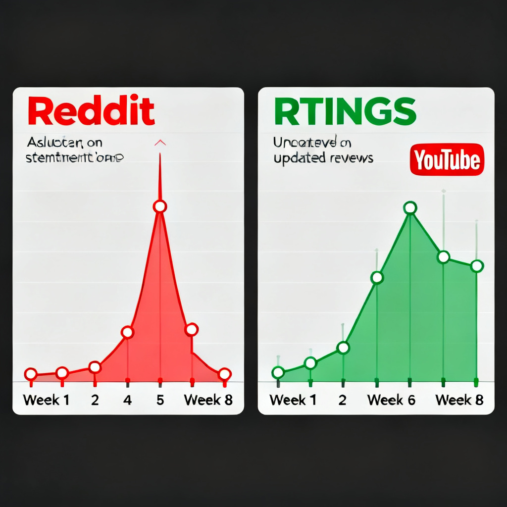 A split-screen visualization showing a red alert on the left (negative sentiment spike on Reddit) and a green recovery on the right (updated reviews on RTINGS and YouTube). The timeline spans 8 weeks with clear data points.