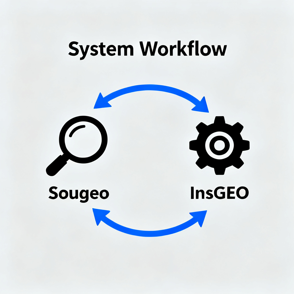A visual workflow diagram showing two interconnected systems: one labeled 'Sougeo' with a magnifying glass icon representing diagnosis, and another labeled 'InsGEO' with a gear icon representing operations, connected by arrows forming a loop, in a clean corporate style