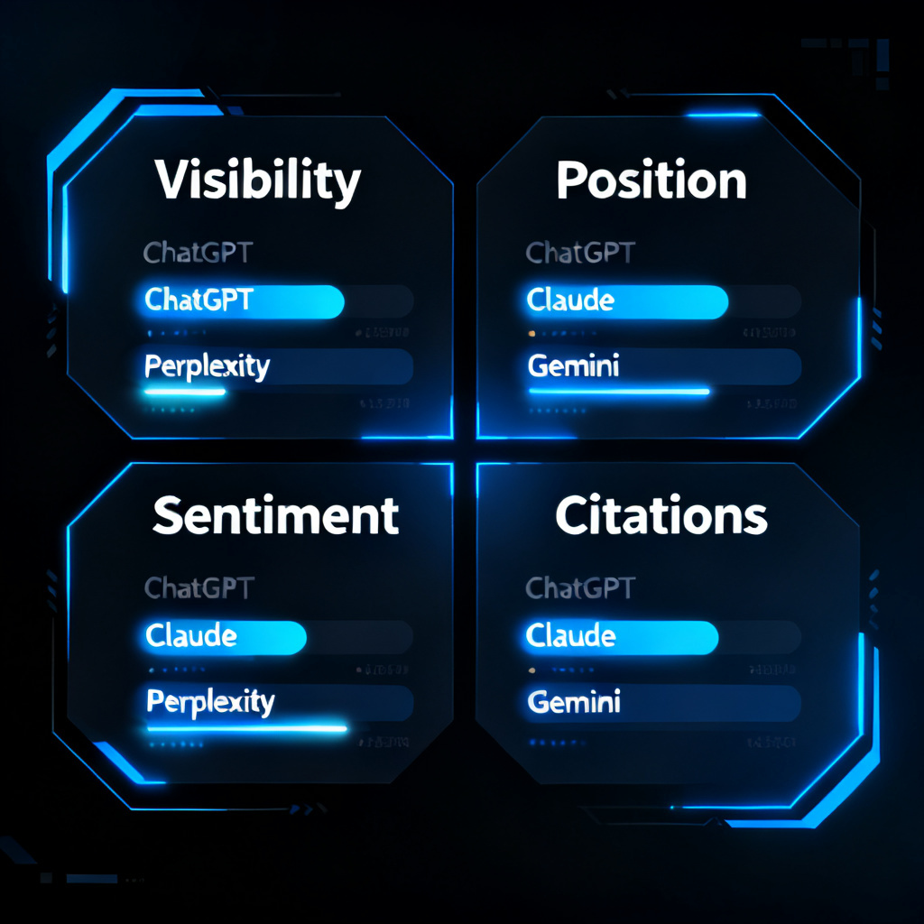 A dashboard interface showing four key metrics: Visibility, Position, Sentiment, Citations, with real-time data streams from ChatGPT, Claude, Perplexity, Gemini, futuristic UI design, dark theme, glowing blue accents