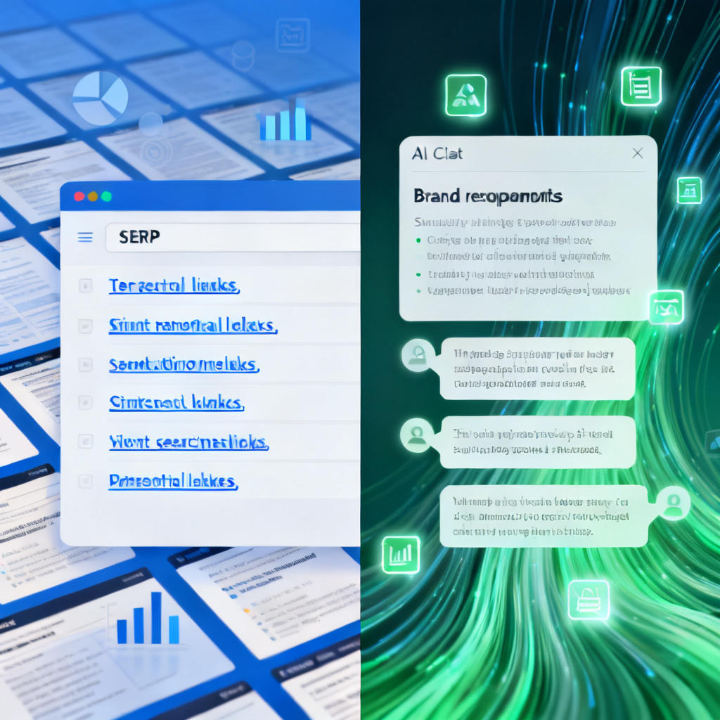 A split-screen illustration showing the transition from traditional search engine results page (SERP) with blue links on the left, to a clean AI chat interface summarizing three brand recommendations on the right. The background shifts from a grid of web pages to a flowing data stream. Digital marketing analytics symbols fade out on the left and reappear as glowing citations on the right. Style: clean, professional infographic with a subtle gradient from blue to green.