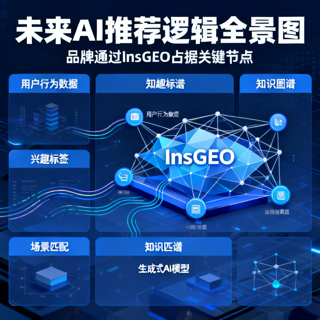 未来AI推荐逻辑全景图,显示品牌如何通过InsGEO占据关键节点,背景是生成式AI模型的知识图谱