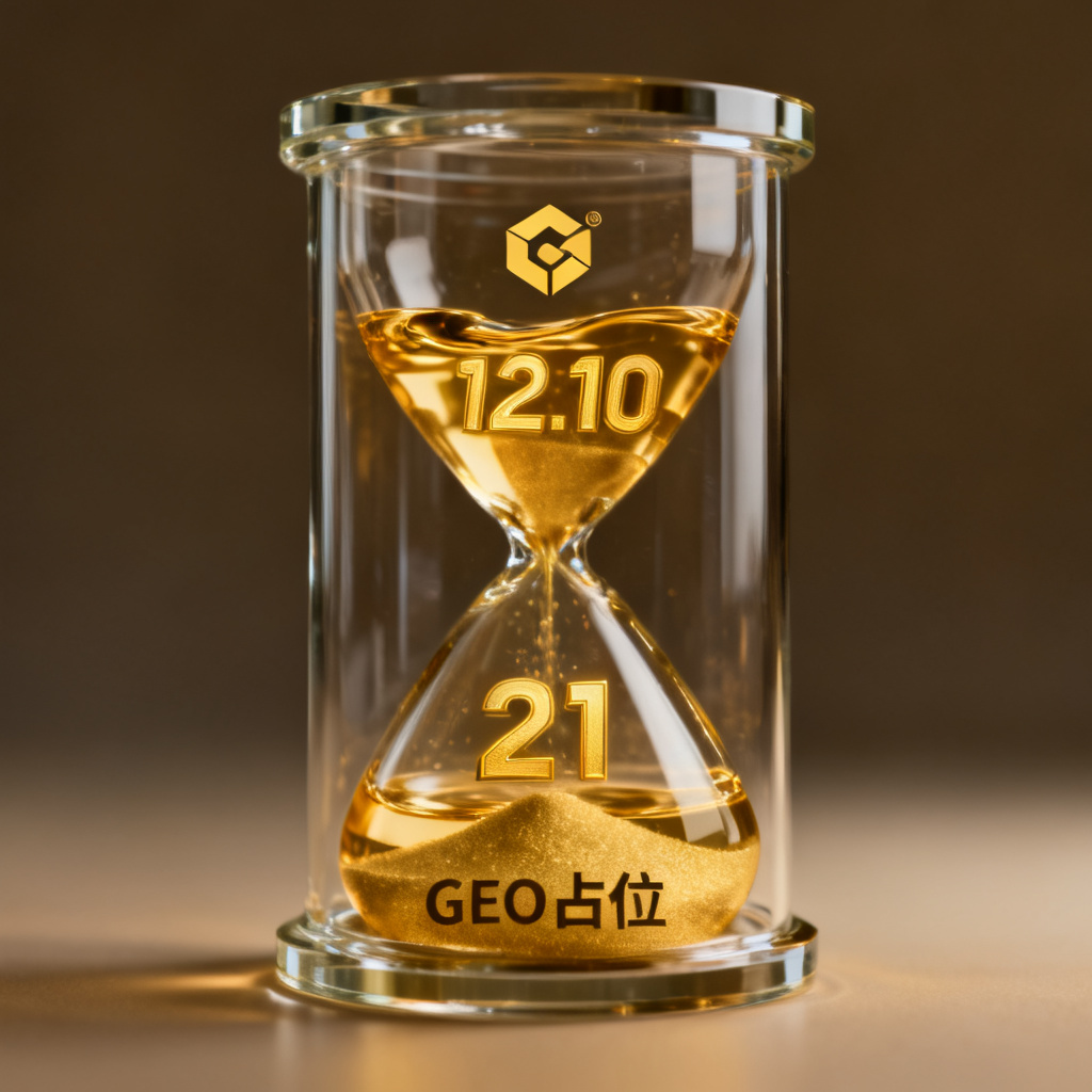 一个沙漏中流下数字和品牌Logo，沙漏底部是‘GEO占位’的文字，代表时间窗口