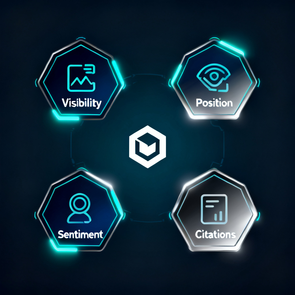 Four hexagonal icons representing Visibility, Position, Sentiment, Citations arranged around a central brand logo in a futuristic dashboard style.