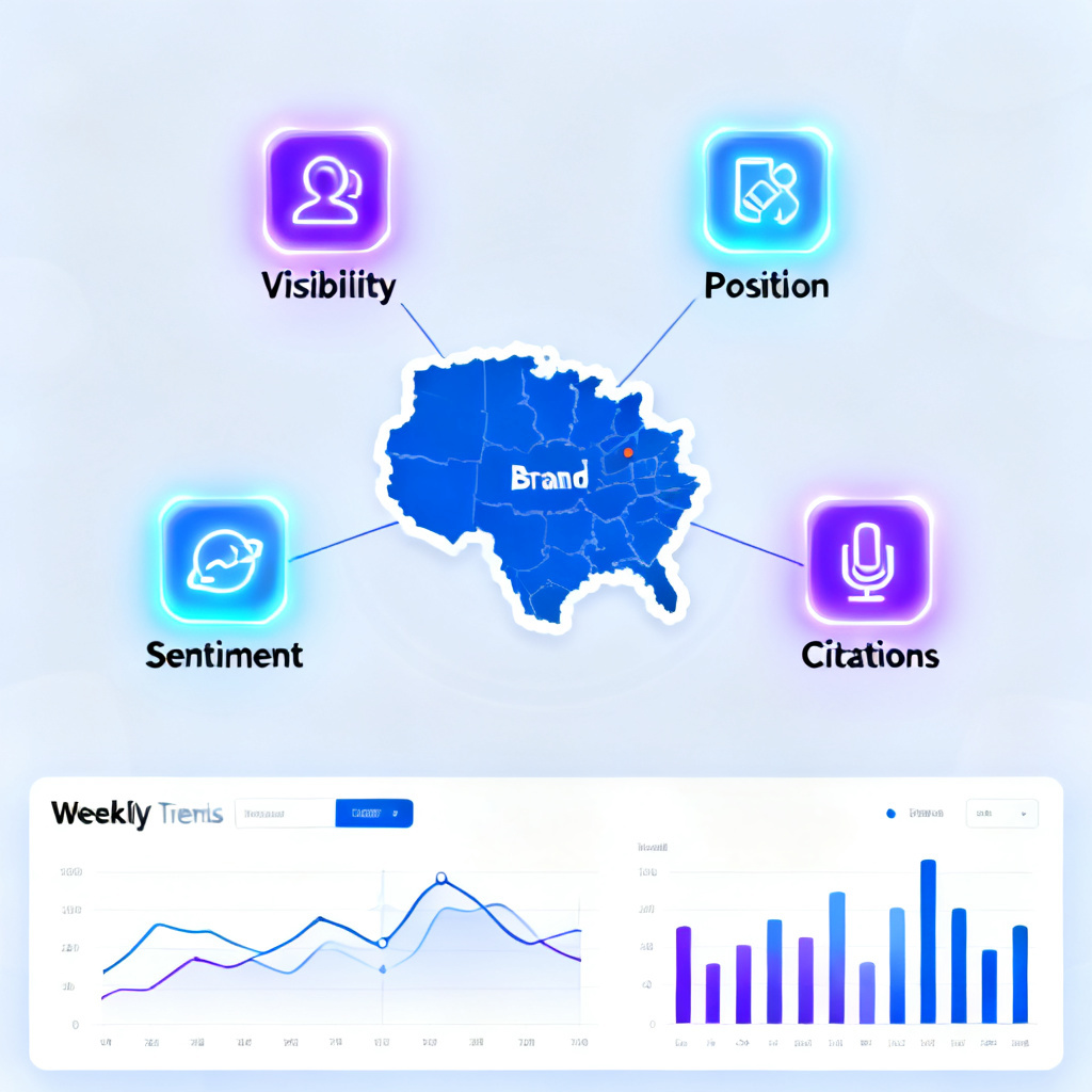 Four glowing icons representing visibility, position, sentiment, and citations, connected by lines to a central brand map, with a data dashboard showing weekly trends