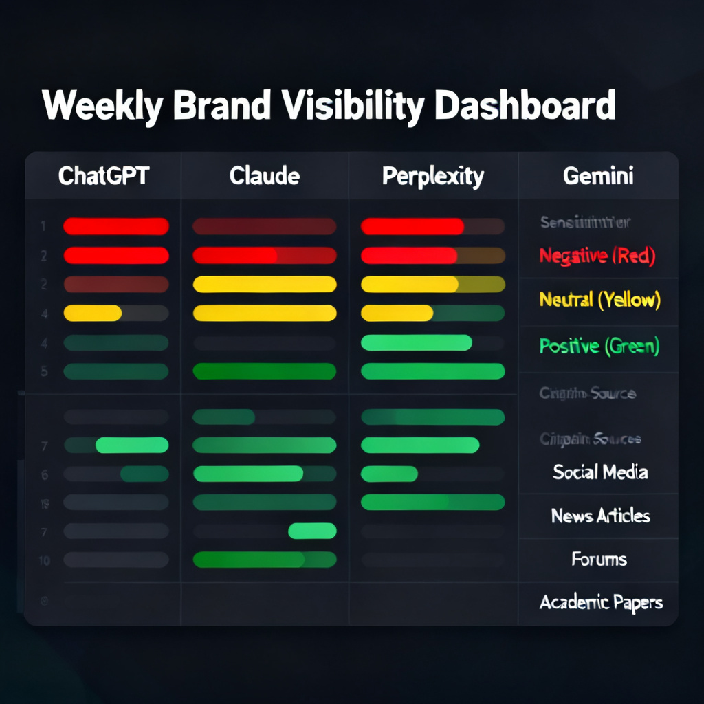 A dashboard interface showing weekly change in brand visibility across ChatGPT, Claude, Perplexity, and Gemini, with red-yellow-green sentiment indicators and citation source breakdown
