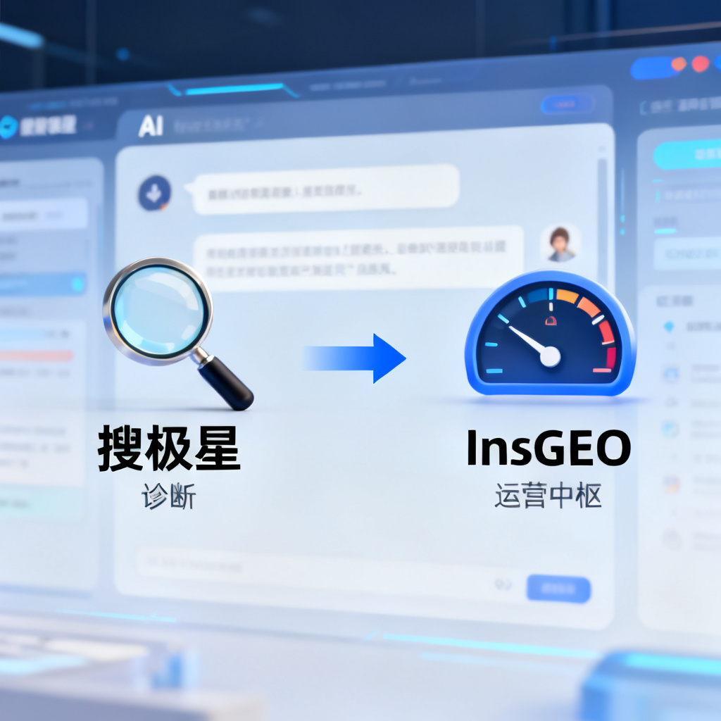 一张信息图,左侧是“搜极星”代表诊断工具(放大镜),右侧是“InsGEO”代表运营中枢(仪表盘),中间箭头连接,背景是AI对话界面