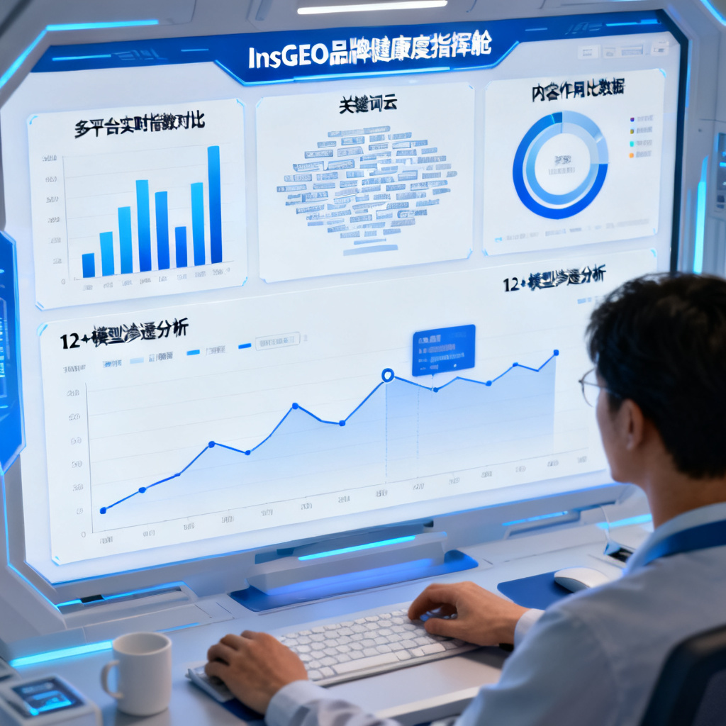 InsGEO品牌健康度指挥舱界面,显示多平台实时指数对比、关键词云和内容作用比数据,用户正在查看某品牌在12+模型中的渗透分析