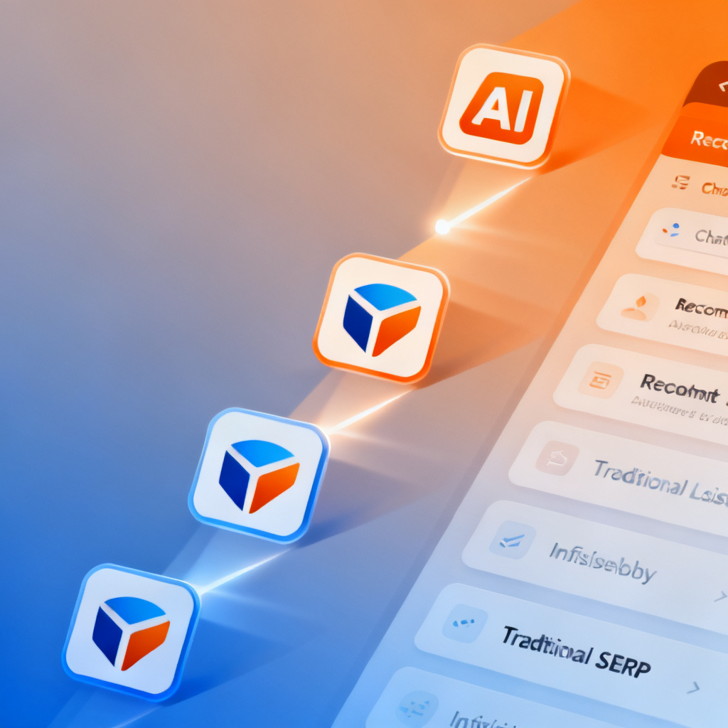 A conceptual illustration of a brand's journey from being invisible in AI responses to being prominently featured. The background shows a transition from a traditional SERP page to an AI chat interface, with the brand's logo moving from the bottom to the top of the recommendation list.