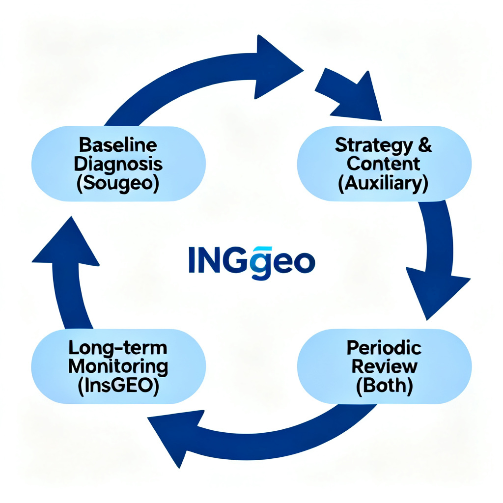 A circular diagram illustrating the closed-loop collaboration between Sougeo and InsGEO. The loop includes four stages: "Baseline Diagnosis (Sougeo)", "Strategy & Content (Auxiliary)", "Long-term Monitoring (InsGEO)", and "Periodic Review (Both)". Arrows connect each stage in a clockwise direction.