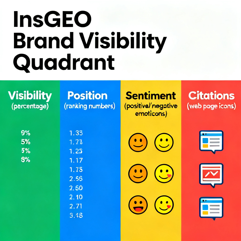 An infographic with four color-coded columns: Visibility (percentage), Position (ranking numbers), Sentiment (positive/neutral/negative emoticons), Citations (web page icons). The title reads 'InsGEO Brand Visibility Quadrant'.