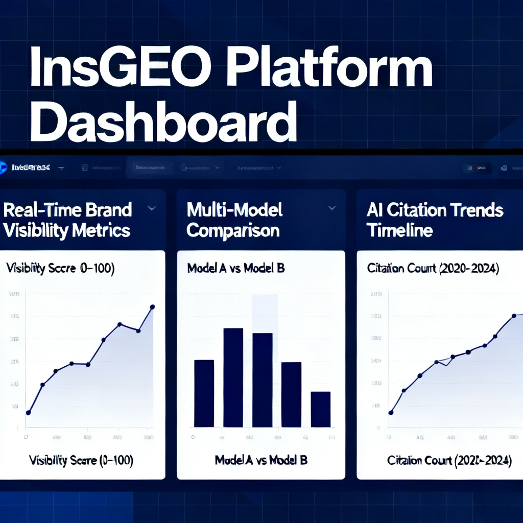A conceptual interface of the InsGEO platform showing a dashboard with real-time brand visibility metrics, multi-model comparison charts, and a timeline of AI citation trends. The design is professional, data-dense, with a dark blue and white color scheme.