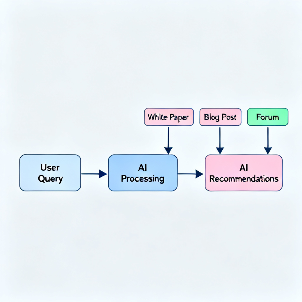 A conversation timeline showing how a user's query leads to AI recommendations, with arrows tracing back to original content sources (white paper, blog post, forum), clean information graphic style, pastel colors, minimal.