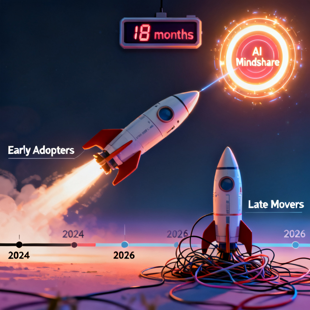A conceptual illustration showing a countdown timer set to 18 months, with a rocket labeled 'Early Adopters' already taking off toward a glowing 'AI Mindshare' target, while a second rocket labeled 'Late Movers' is still on the ground with tangled wires. The background shows a timeline from 2024 to 2026.