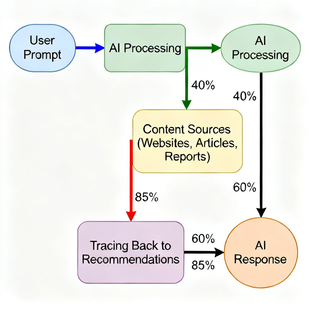 A flow diagram showing the journey from "User Prompt" to "AI Response", with highlighted paths indicating how content sources (websites, articles, reports) are traced back to specific recommendations, annotated with "Content Impact Ratio" percentages