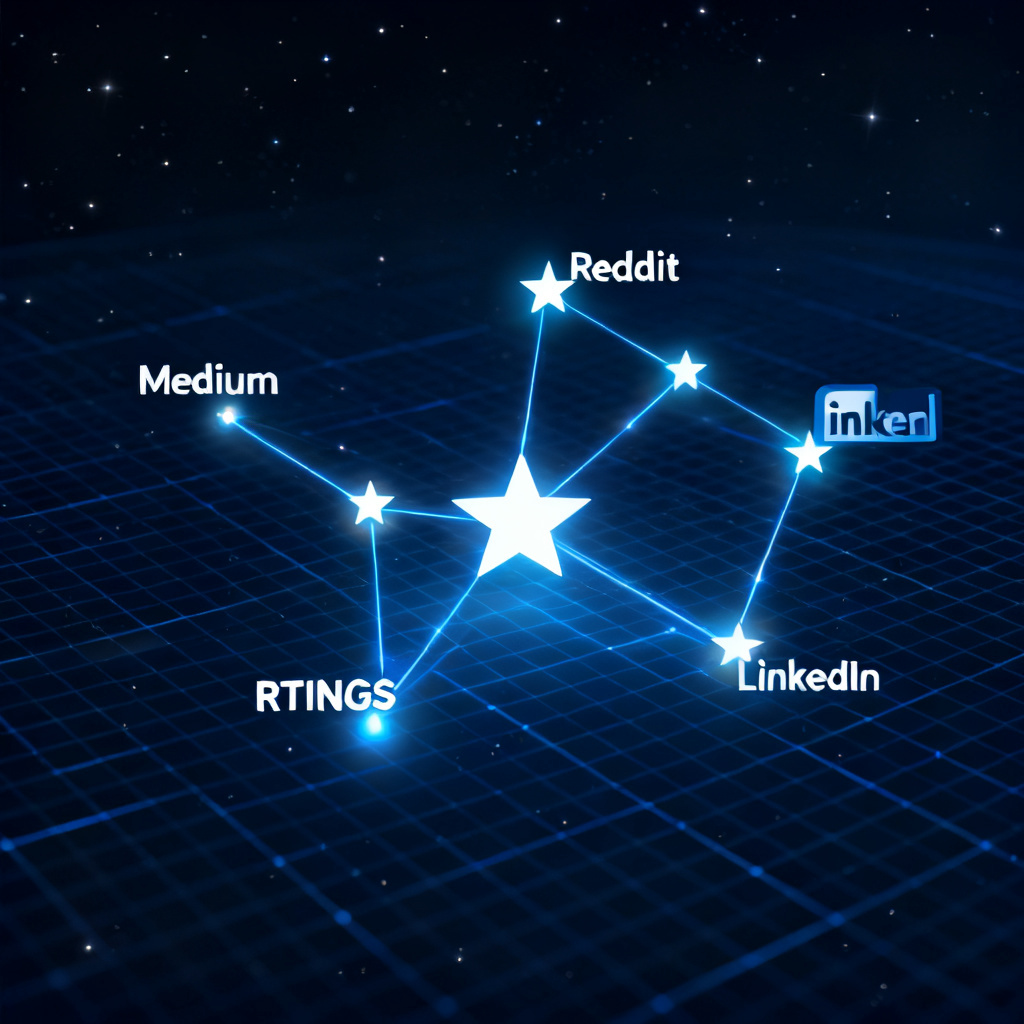 A visual metaphor of a constellation in space. The central star represents the brand, connected by glowing lines to various source 'stars' (websites like Medium, Reddit, RTINGS, LinkedIn). The constellation is clear and bright, suggesting a well-connected brand ecosystem in the AI semantic space. The background is a deep blue-black space with a subtle grid, representing the AI's knowledge landscape.