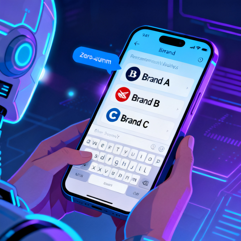 A futuristic scene showing a user typing a question into a chatbot interface, and the AI's response highlighting three brand recommendations with logos. The user's phone screen shows the recommended brands prominently, while other brands appear grayed out or invisible in the background, symbolizing the zero-sum game of AI brand visibility.