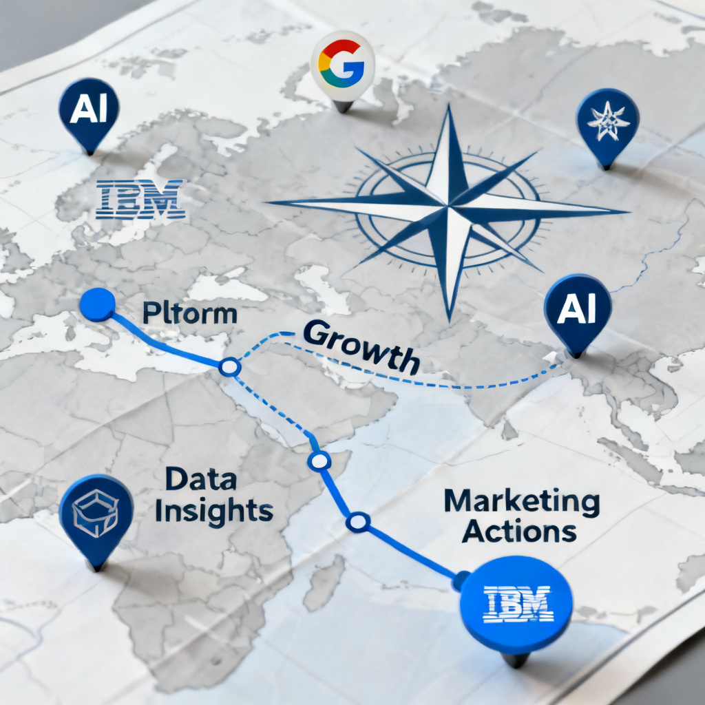 A conceptual image of a compass or map with AI platform logos as landmarks, with a clear path marked "Growth" leading from data insights to marketing actions