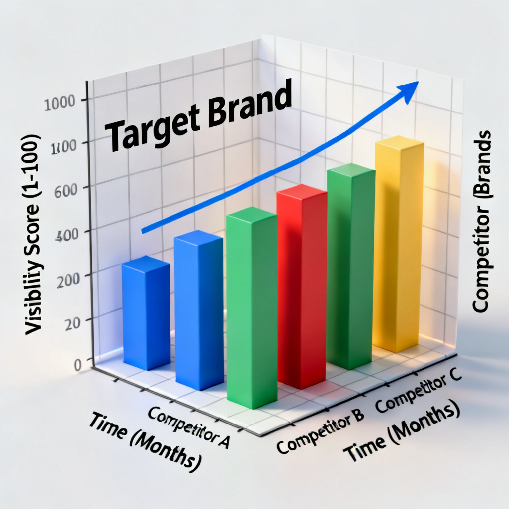 A 3D bar chart comparing brand visibility scores of multiple competitors over time, with the target brand's line trending upward