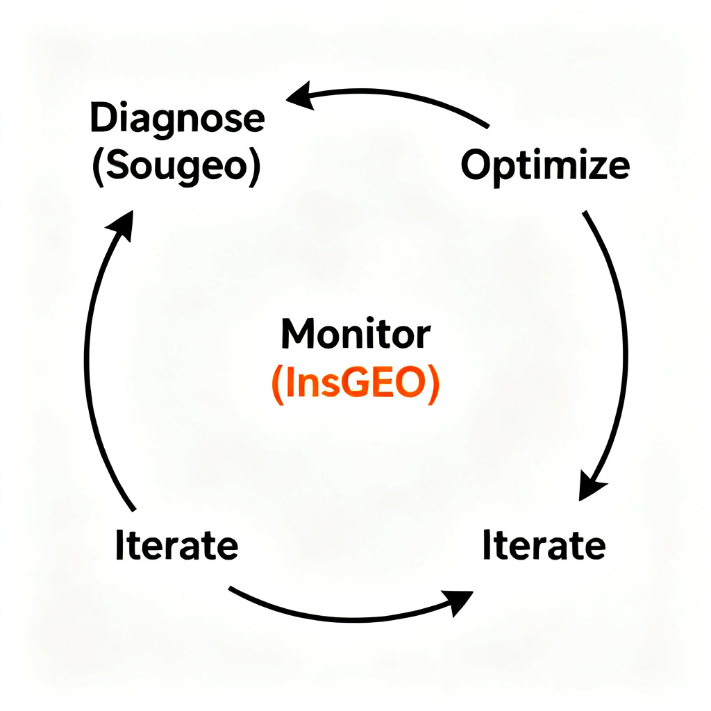 A flowchart illustrating the GEO operation cycle: Diagnose (Sougeo) -> Optimize -> Monitor (InsGEO) -> Iterate, with InsGEO highlighted as the central hub