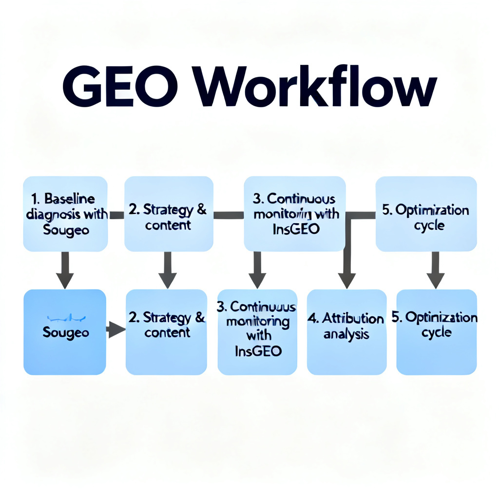 A flowchart depicting the GEO workflow: 1. Baseline diagnosis with Sougeo, 2. Strategy & content, 3. Continuous monitoring with InsGEO, 4. Attribution analysis, 5. Optimization cycle.