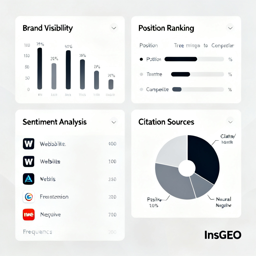 A clean dashboard interface showing four key metrics: Brand Visibility as a percentage share, Position ranking compared to three competitors, Sentiment analysis displayed as a positive/neutral/negative pie chart, and Citation Sources listed with website logos and frequency counts. The dashboard is labeled with InsGEO branding.